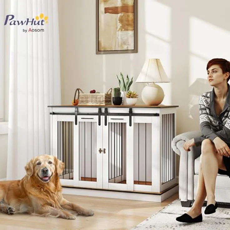 PawHut Hundekäfig Möbel mit Zweiraum-Option, moderne Metall Hundebox für große Hunde bis 30 kg, 2 Türen, Weiß, 120 x 60 x 88,5 cm – Bild 2