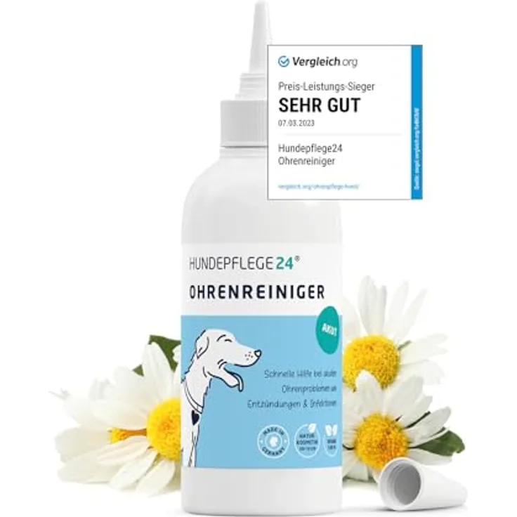 Hundepflege24 Ohrenreiniger für Hunde Akut, Extra-starker Ohrreiniger bei Entzündungen & Infektionen, natürliche Tropfen mit Piroctone Olamine, Kamille & Aloe Vera, 250ml
