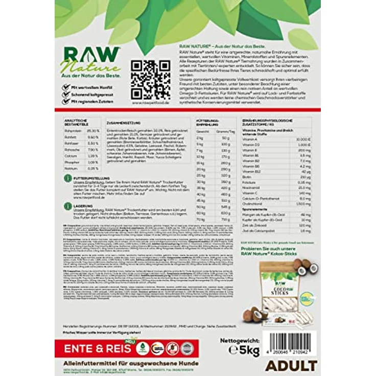 RAW Nature Trockenfutter Adult mit Ente 1kg, kaltgepresst, getreidefrei, 100% Muskelfleisch für alle Rassen, geeignet für sensible Hunde – Bild 2