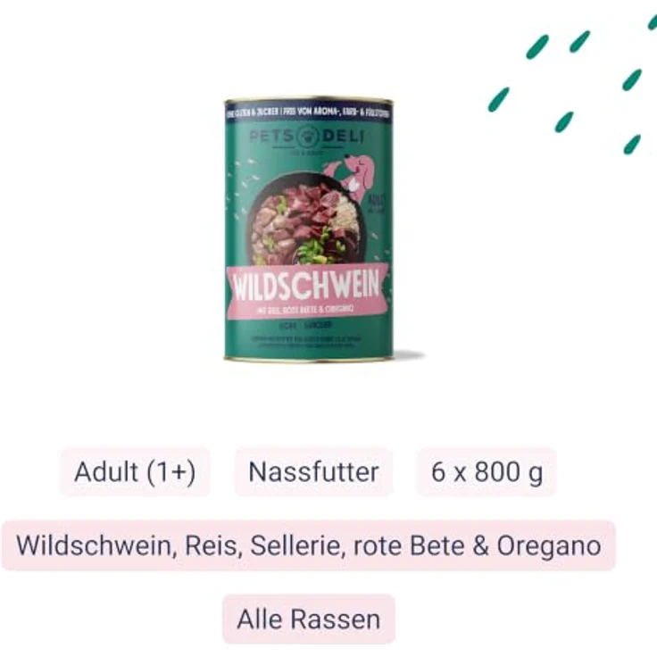 Pets Deli Classic Nassfutter für Hunde mit Wildschwein & Reis, 50% Fleischanteil, 6x800g – Bild 2
