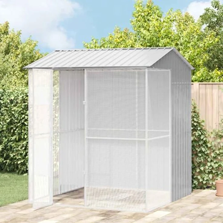 vidaXL Vogelkäfig Grau 215 x 210 x 247 cm, Verzinkter Stahl, modernes und geräumiges Gehege für Haustier-Vögel, wetterfest und stabil – Bild 2