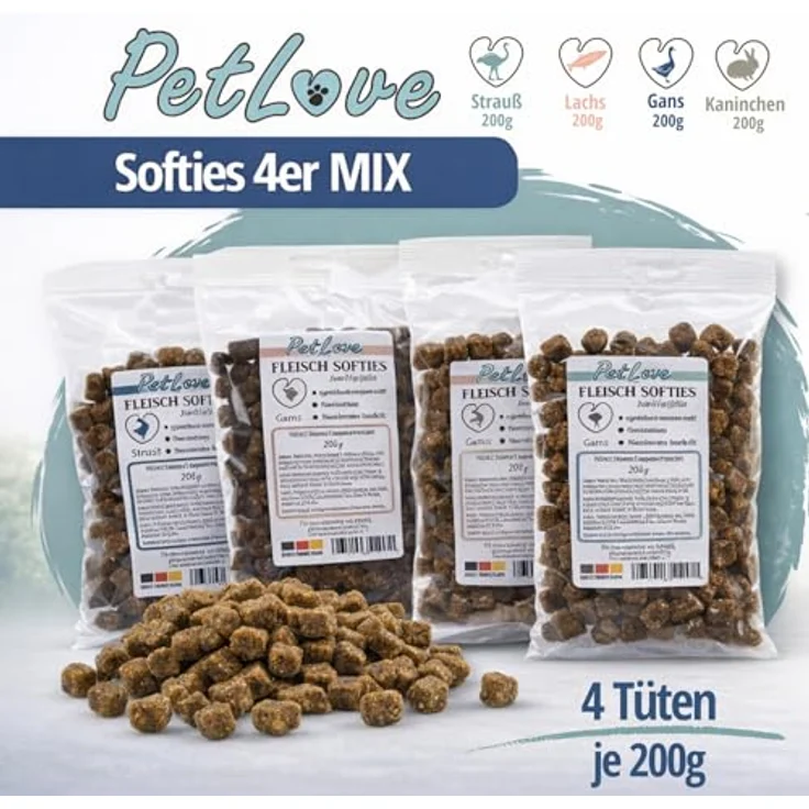 PetLove 100% Fleisch Softies für Hunde, Getreidefreie Trainingssnacks mit hohem Fleischanteil, Mix (Gans, Lachs, Kaninchen, Strauß), 12 x 200g – Bild 2