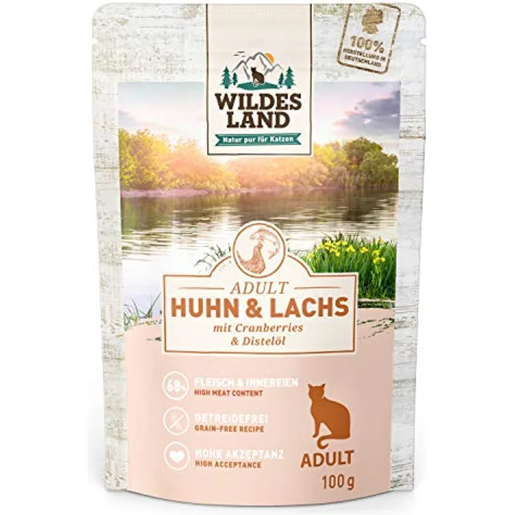 WILDES LAND Huhn & Lachs, Nassfutter für ausgewachsene Katzen mit hohem Fleischanteil, getreidefrei, 12x100g