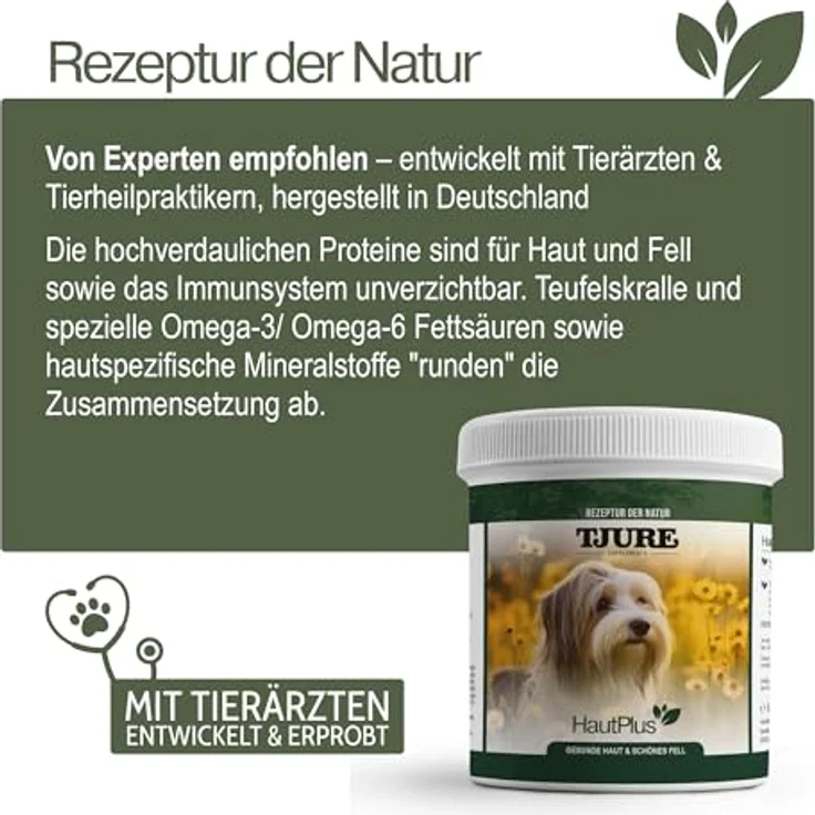 TJURE Haut Plus 500 g, Pulver mit Omega 3 & Bierhefe für Hunde, zur Unterstützung von Haut & Fell, mit Mineralstoffen & pflanzlichen Inhaltsstoffen – Bild 4