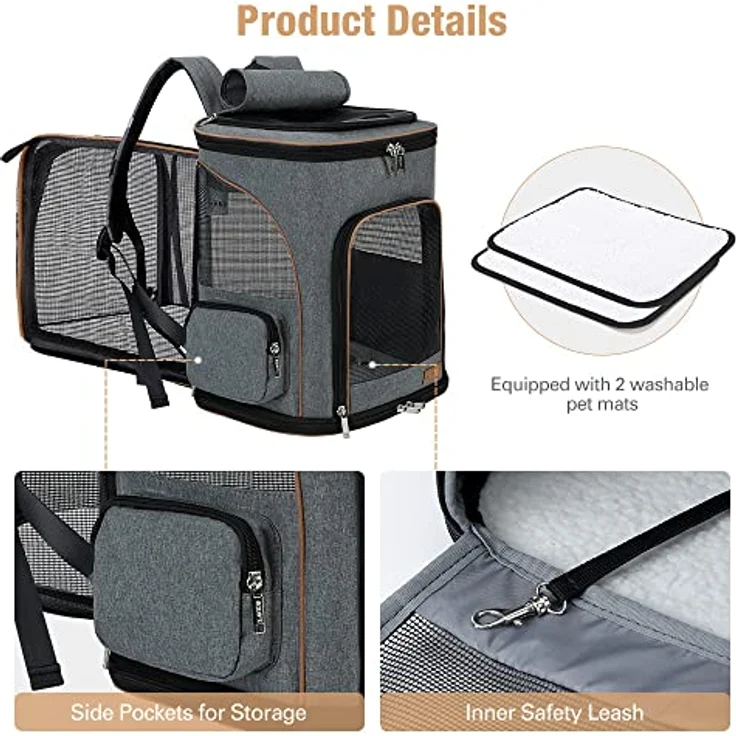 Lekesky Erweiterbar Katzenrucksack Hunderucksack, Faltbar mit Sicherheitsleine und 2 Matten, Grau, für Katzen und kleine Hunde bis 8 kg – Bild 4