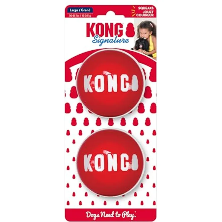 KONG Signature Ball, 2er Pack Hundespielzeug, robust, rot, Ø 8,5 cm (Größe L)