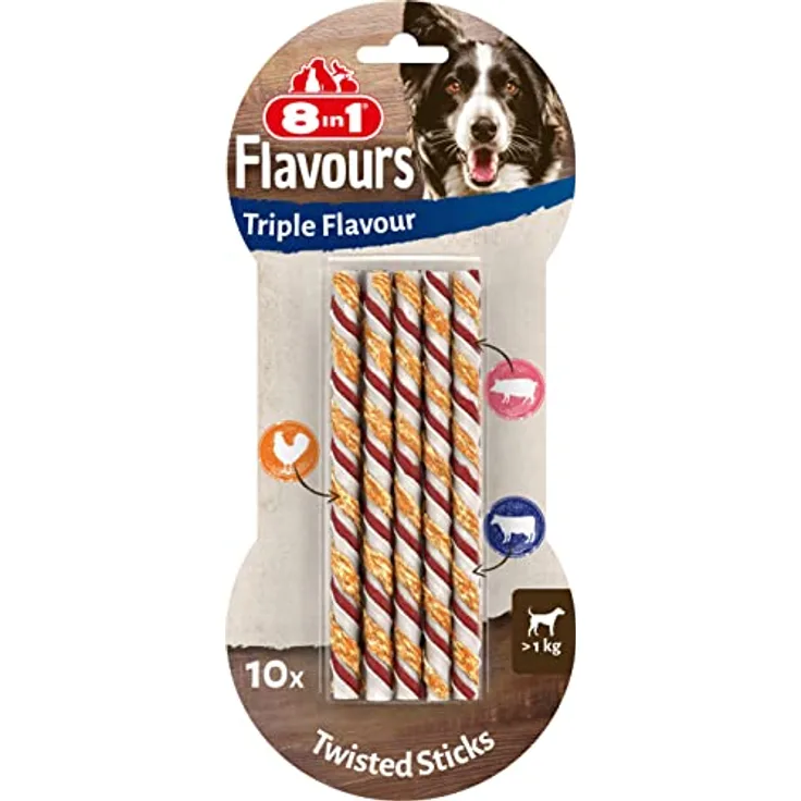 8in1 Triple Flavour Twists, Kausticks mit dreifachem Geschmack, 10 Stück für Hunde bis 12 kg