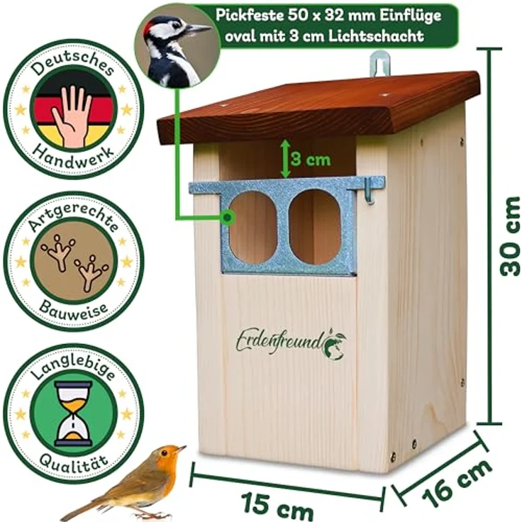 ERDENFREUND® Nistkasten Rotkehlchen, räubersicher mit Marder-/Katzenschutz, Doppel-Nischeneinflug, Lichtschacht und Spechtschutz – Bild 3