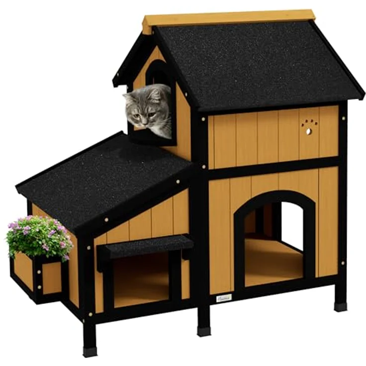 PawHut Katzenhaus, Tannenholz, Outdoor Katzenhütte mit 2 Etagen, mehreren Eingängen, winterfest mit Asphaltadach, Blumenkasten, erhöhtes Design, gelb, 96 x 65 x 85,5 cm – Bild 1