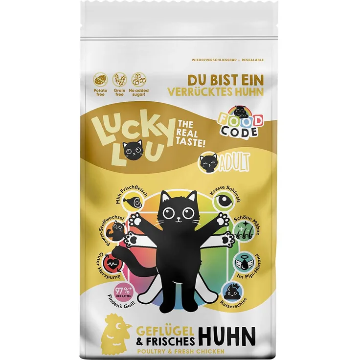 Lucky Lou Adult Geflügel und Huhn, Katzen-Trockenfutter mit 8 Gesundheitsbenefits, 9kg