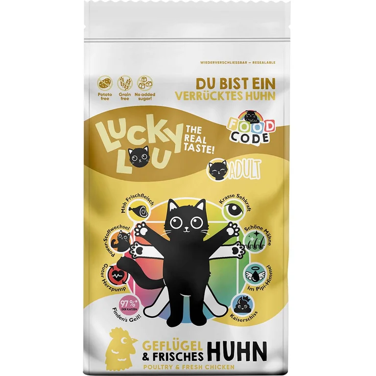 Lucky Lou Adult Geflügel und Huhn, Katzen-Trockenfutter mit 8 Gesundheitsbenefits, 9kg