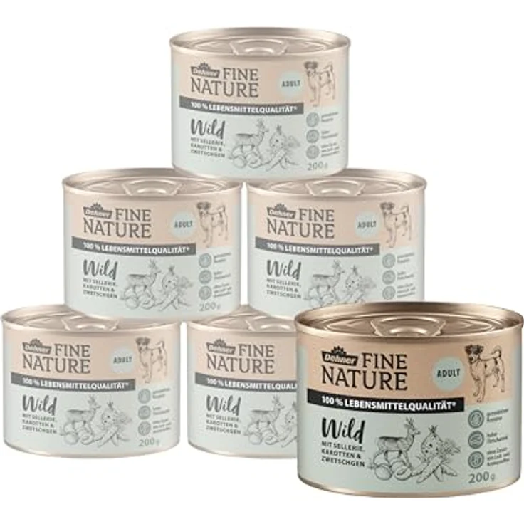 Dehner Fine Nature Hundefutter, Nassfutter in Lebensmittelqualität für ausgewachsene Hunde, Wild mit Sellerie und Karotten, 6 x 200 g Dose (1.2 kg) – Bild 1