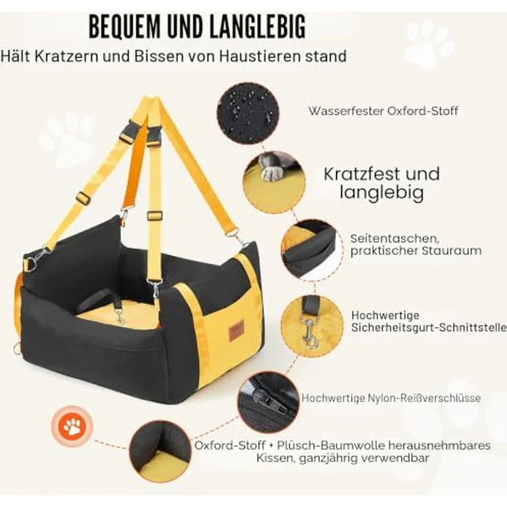 VEVOR Hunde Autositz 585 x 560 x 330 mm, sicherer und komfortabler Autositz mit seitlichen Griffen, Aufbewahrungstasche und ansteckbarer Sicherheitsleine, für kleine Hunde bis 11 kg, Schwarz – Bild 3