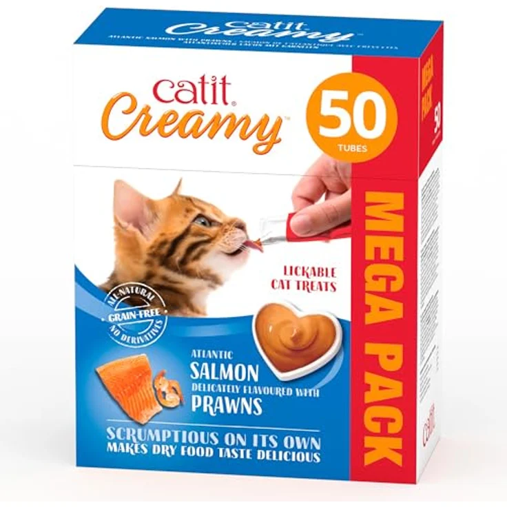 Catit Creamy flüssigkeitsspendende Leckpaste für Katzen mit Lachs und Garnele, 50 x 10g, hoher Fleischanteil, mit Taurin, reich an Aminosäuren – Bild 1