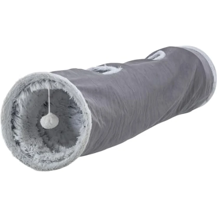 Trixie Katzen-Spieltunnel Harvey, weicher Katzentunnel mit vier Eingängen, 27 × 116 cm, Grau, mit Spielzeug an Schnur – Bild 2