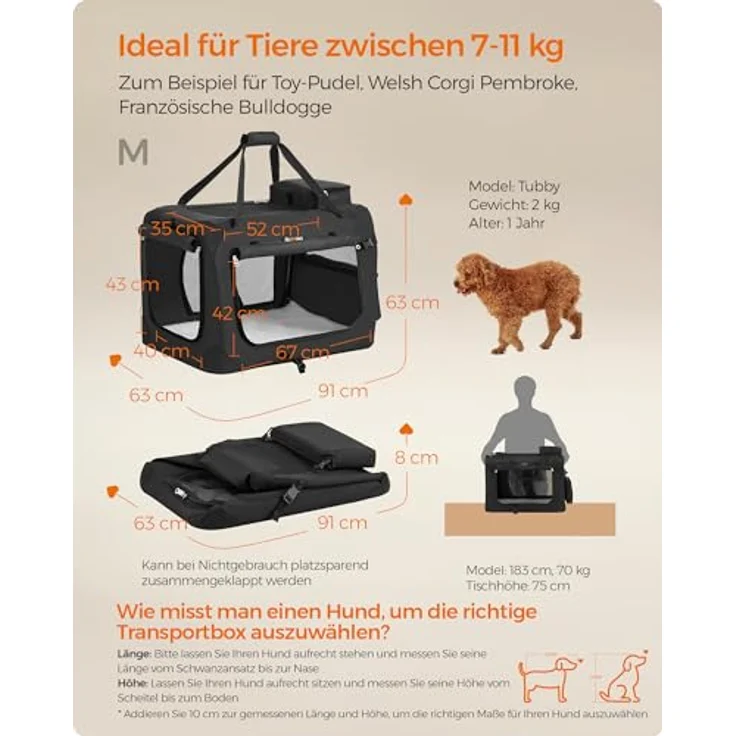 Feandrea Hundebox faltbar PDC60H, Transportbox für Hunde M, atmungsaktiv mit Metallrahmen, schwarz, 60 x 42 x 42 cm, tragbar und mit seitlichen Taschen – Bild 5