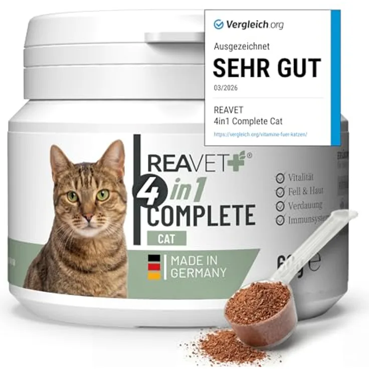 ReaVET 4in1 Complete für Katzen, Tägliche Ergänzung mit Taurin, Vitamine, aktiviert Abwehrkräfte, stärkt Immunsystem, 60g