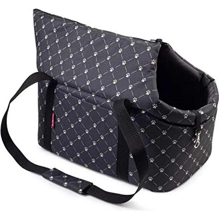 BOUTIQUE ZOO Hundetasche, Welpentasche Schwarz mit Pfotenmuster, tragbar für Hunde bis 5 kg, mit abnehmbarer Holzeinlage und Metallhalsband – Bild 1