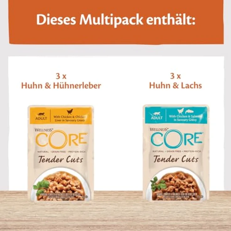 Wellness CORE Tender Cuts Hühnchen Selection Mix, 6 x 85 g, Premium Nassfutter für Katzen, getreidefrei, ohne Zuckerzusatz, hoher Fleischanteil, in Sauce – Bild 2