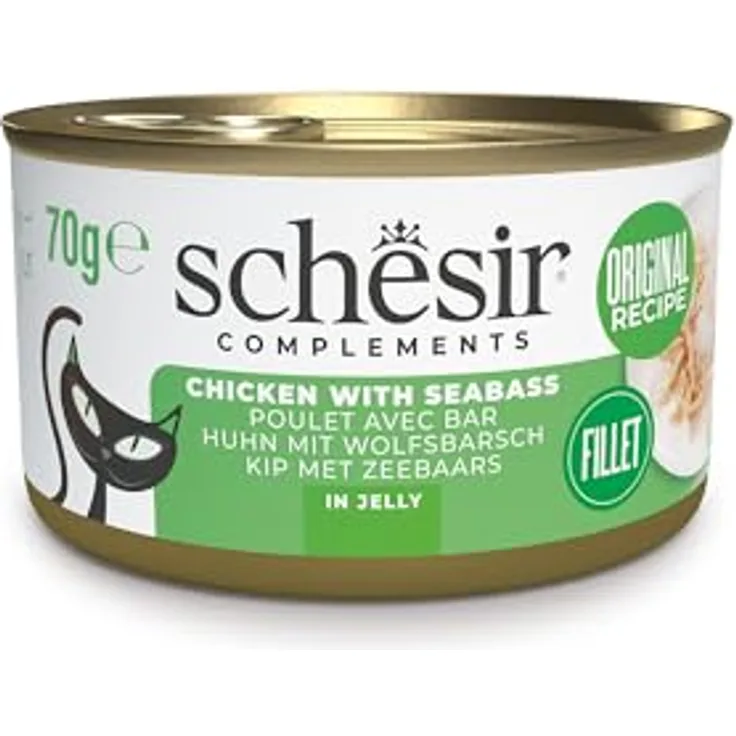 Schesir Hähnchenfilets mit Barsch in Gelee, 100% natürliche Zutaten, ergänzendes Nassfutter für Katzen, Originalrezept, 12 Dosen à 70 g