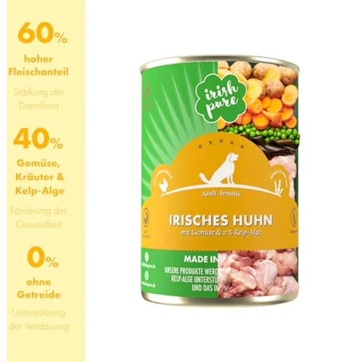 Irish Pure Premium Nassfutter für Hunde, Gemischte Sorten mit Atlantik-Lachs, Weiderind und Huhn, Getreidefrei, Sensitiv mit Superfood Kelp-Alge, 3x 390g – Bild 2