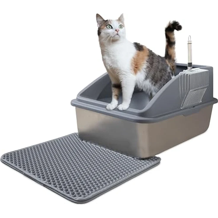 LINUMA® Edelstahl-Katzentoilette XXL, antibakterielles Katzenklo mit Deckel und Spritzschutz, leicht zu reinigen mit Katzenstreumatte und Doppelschicht Metallschaufel – Bild 1