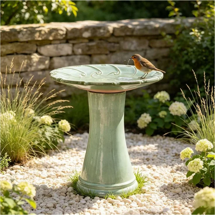 LVHOM Vogeltränke, Halbhandgefertigtes Keramik-Vogelbad, Ø 43cm, Glänzend Hellgrün, Wetterfest mit Wirrelrelief für Garten, Terrasse und Balkon