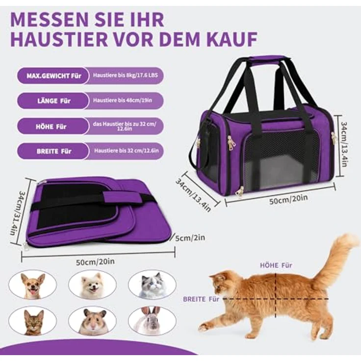 Aipwerer Faltbare Transportbox Katze, Atmungsaktive Katzentransporttaschen in zwei Größen (M/L) mit gepolsterten Griffen, kratzfestem Mesh und herausnehmbarer Liegefläche – Bild 2