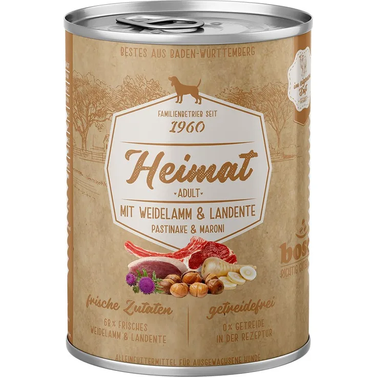 Bosch Heimat Adult Weidelamm und Landente, Hunde-Nassfutter mit 42% Weidelamm und 26% Landente, 12x400g