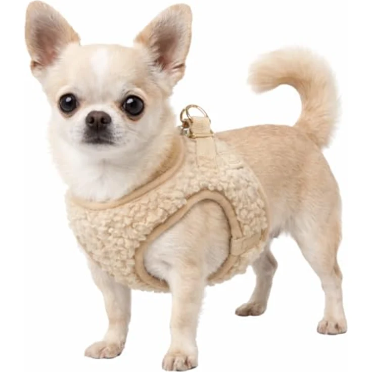 Flamingo Step&Go Pookie, Hundegeschirr in Beige, Größe XS, verstellbar, Metall Klickverschluss goldfarben, 2 Anti-Zug-Ringe, atmungsaktives Mesh – Bild 1