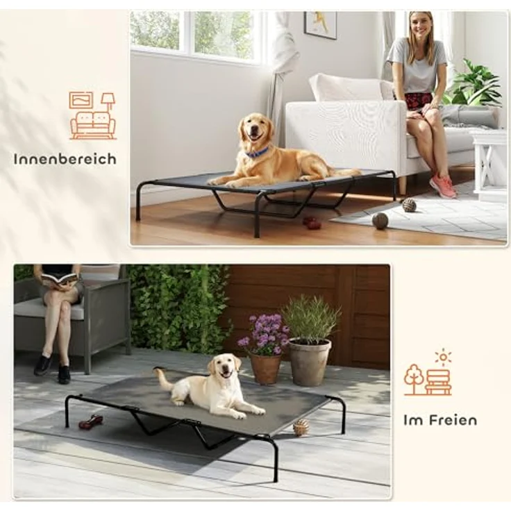 PawHut Erhöhtes Hundebett für große Hunde, Outdoor Hundeliege mit Stahlrahmen, atmungsaktivem Netzgewebe, tragbar, grau, 152x94x23 cm – Bild 5