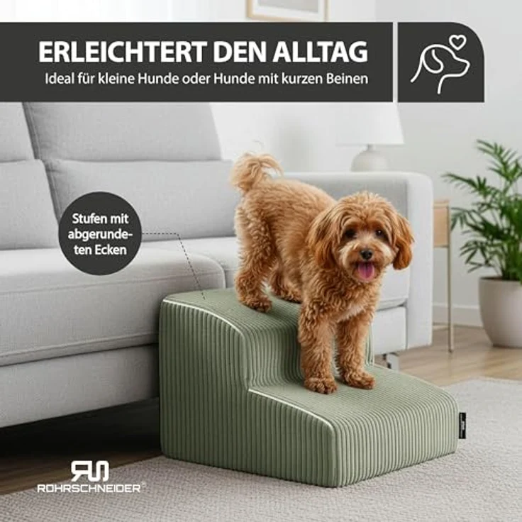 Rohrschneider Hundetreppe für kleine Hunde, rutschfeste Katzentreppe mit waschbarem Cordbezug und Schaumstofffüllung, Made in EU, Salbei – Bild 4