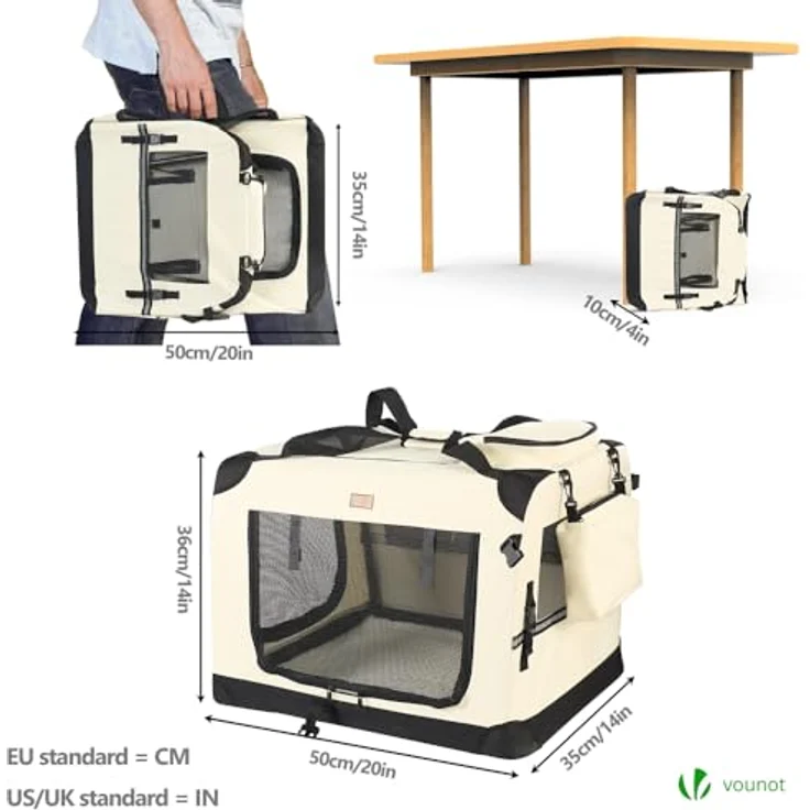 VOUNOT Hundebox faltbar, Transportbox für Hunde und Katzen, Atmungsaktives Oxford-Gewebe mit Metallrahmen, 50x35x36cm S, Beige, inklusive Utensilientaschen und herausnehmbarer Innenmatte – Bild 4