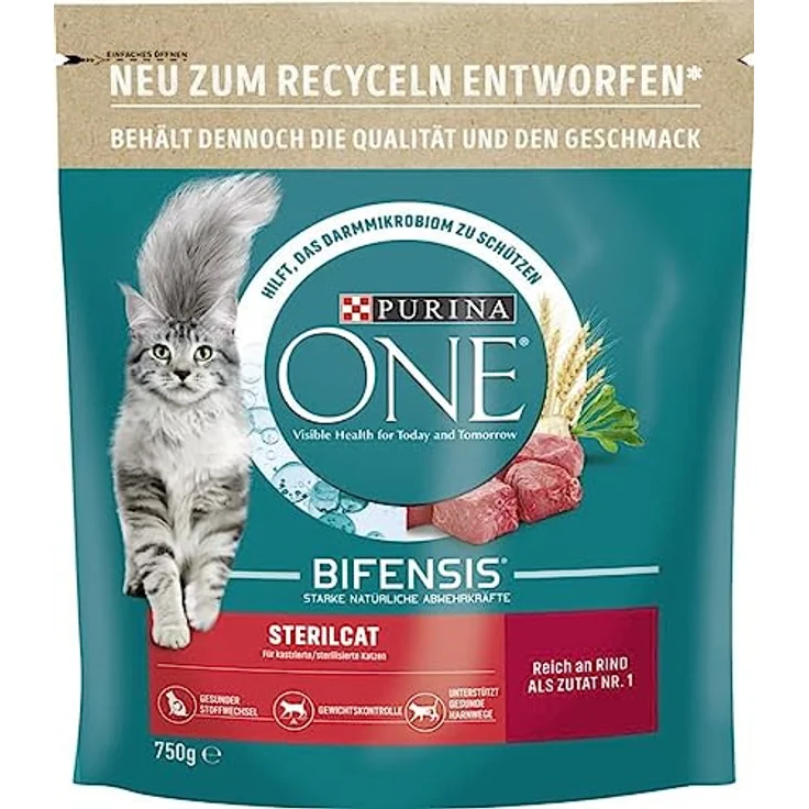 Purina ONE BIFENSIS Sterilcat, Trockenfutter für kastrierte Katzen mit Rind, Unterstützung von Harnwegen und Gewichtskontrolle, 750 g