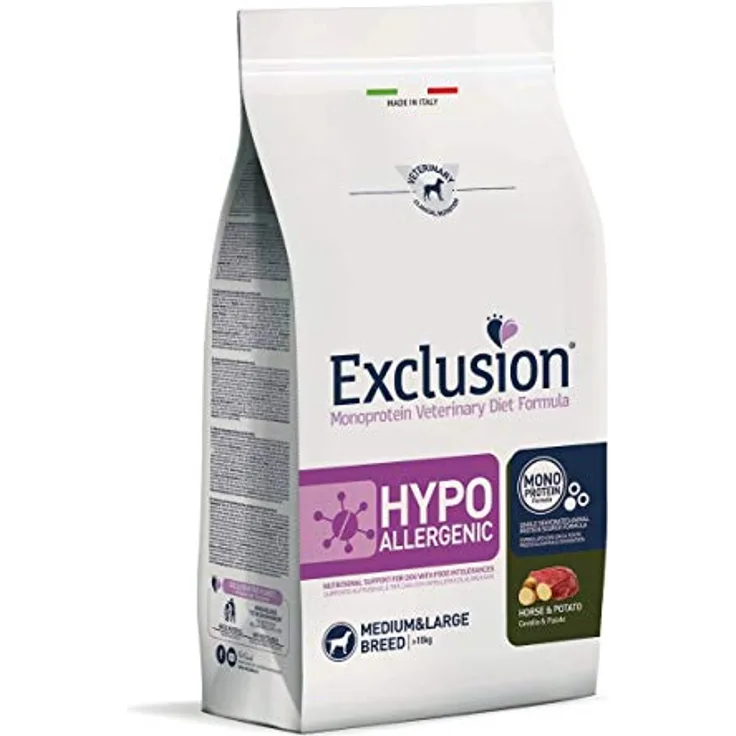 Exclusion Hypoallergenic Medium/Large Breed, Getreidefreies Trockenfutter für Hunde mit Pferd & Kartoffel, 12 kg