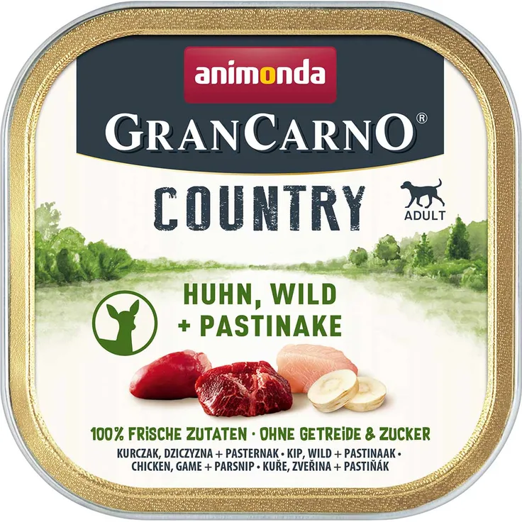 animonda GranCarno Country Huhn, Wild + Pastinake, Hunde-Nassfutter ohne Zucker- und Getreidezusatz, 22x150g