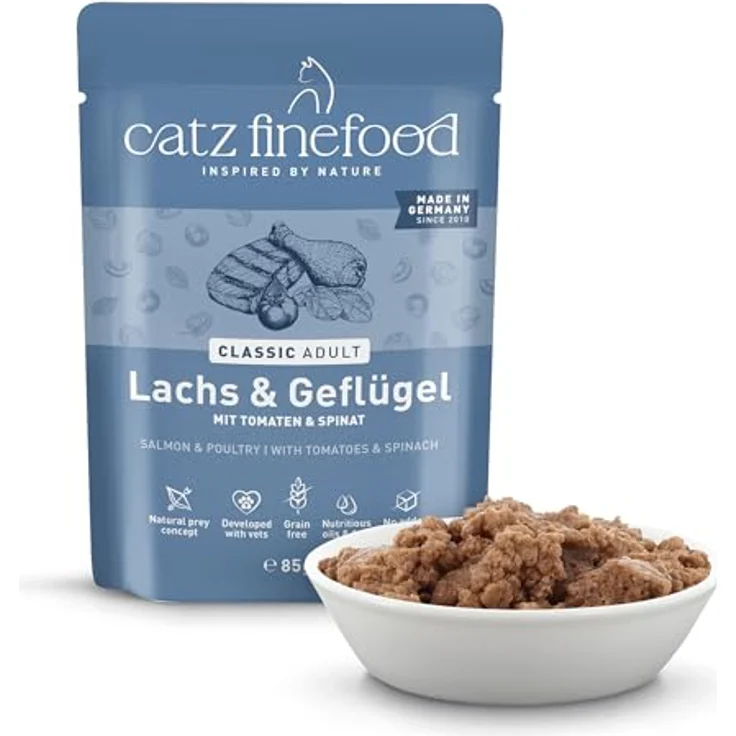 catz finefood Classic N° 5 Lachs & Geflügel, 24 x 85g Gourmet Nassfutter ohne Zucker & Getreide, glutenfrei, hoher Fleischanteil, Made in Germany – Bild 2