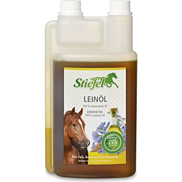 Stiefel Leinöl für Pferde, 100% naturreines kaltgepresstes Öl, unterstützt Fellwechsel, Verdauung & Haut, flüssig mit Dosierflasche, 1l