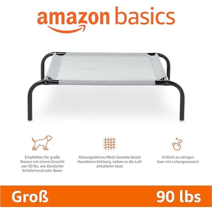 Amazon Basics Kühlendes erhöhtes Hund Haustierbett, grau, L 130 x 80 x 19 cm, luftzirkulierendes Netzgewebe, leicht zu reinigen – Bild 2