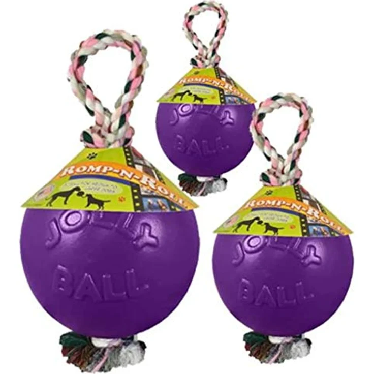 Jolly Pets Romp-n-Roll Hundespielzeug mit Seil und Ball, 15 cm/Größe M, violett, langlebig und schwimmfähig – Bild 3