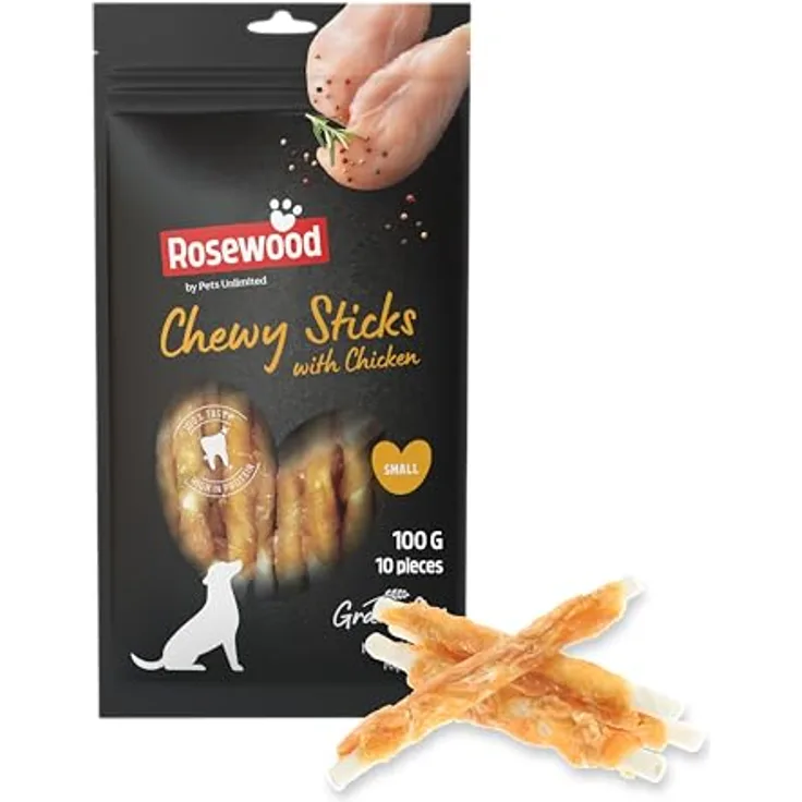 Rosewood Chewy Sticks Huhn Small – Kaustangen für Hunde, getrocknetes Huhn, Rinderhautsnack, ohne Getreide, 100 g