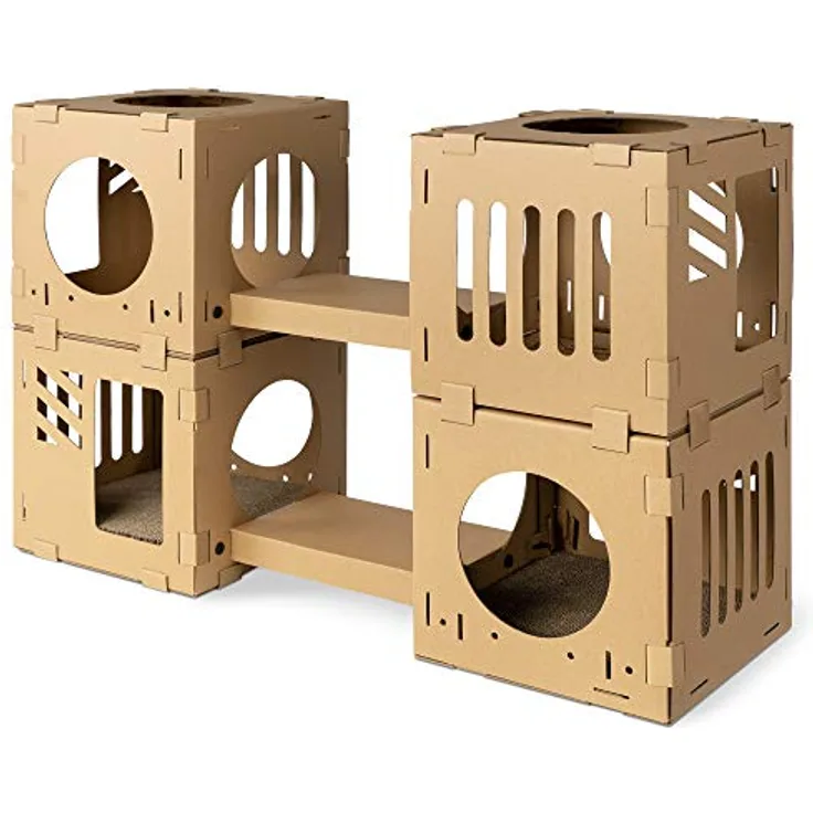 Navaris Katzentunnel aus Karton, 4tlg. Katzenhaus mit Kratzboards, individuell zusammensteckbar, für kleine Katzen und Kaninchen, stabil und leicht