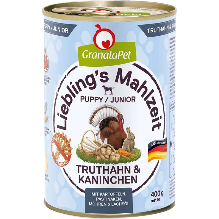 GranataPet Liebling's Mahlzeit Junior, Hunde-Nassfutter mit Truthahn und Kaninchen, 6x400g