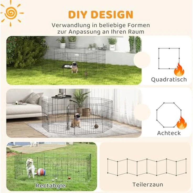PawHut Welpenlaufstall 8-TLG, flexibles Freilaufgehege aus robustem Metalldraht, 61 cm hoch, ideal für drinnen und draußen, große Tür mit Bolzenverschluss, für kleine Hunde bis 10 kg – Bild 3