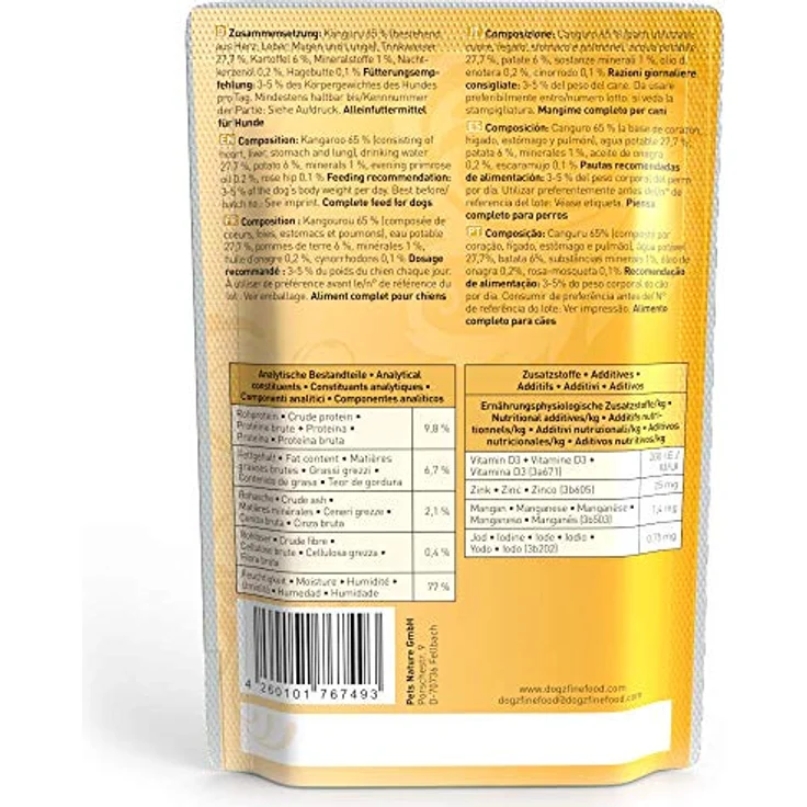 Dogz finefood Hundefutter nass N° 6 Känguru, Feinkost für Hunde & Welpen, getreidefrei & zuckerfrei, 65% Fleischanteil, 12 x 100 g Beutel – Bild 3