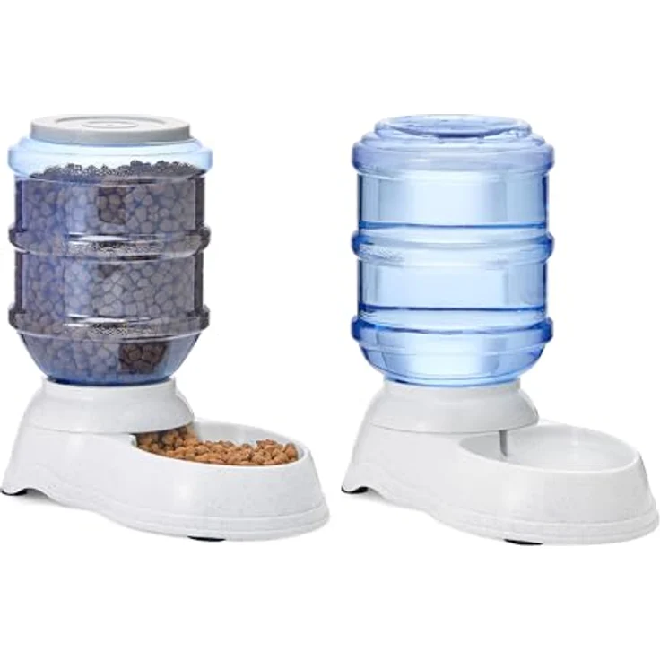 Amazon Basics Futter- und Wasserspender für Hunde, 2,5 Gallonen, 2-in-1-Set, Größe L, Weiß, Klar, schwerkraftbasierte Versorgung – Bild 1