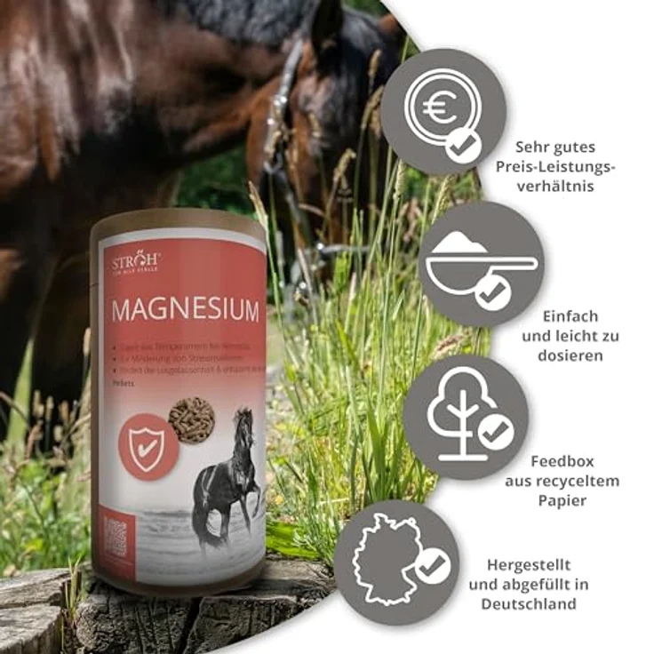 STRÖH Magnesium Pferd, 1,4 kg Feedbox Dose, mit Vitamin B12 und E, Ergänzungsfuttermittel zur Unterstützung von Stoffwechsel und Nerven für Pferde – Bild 5