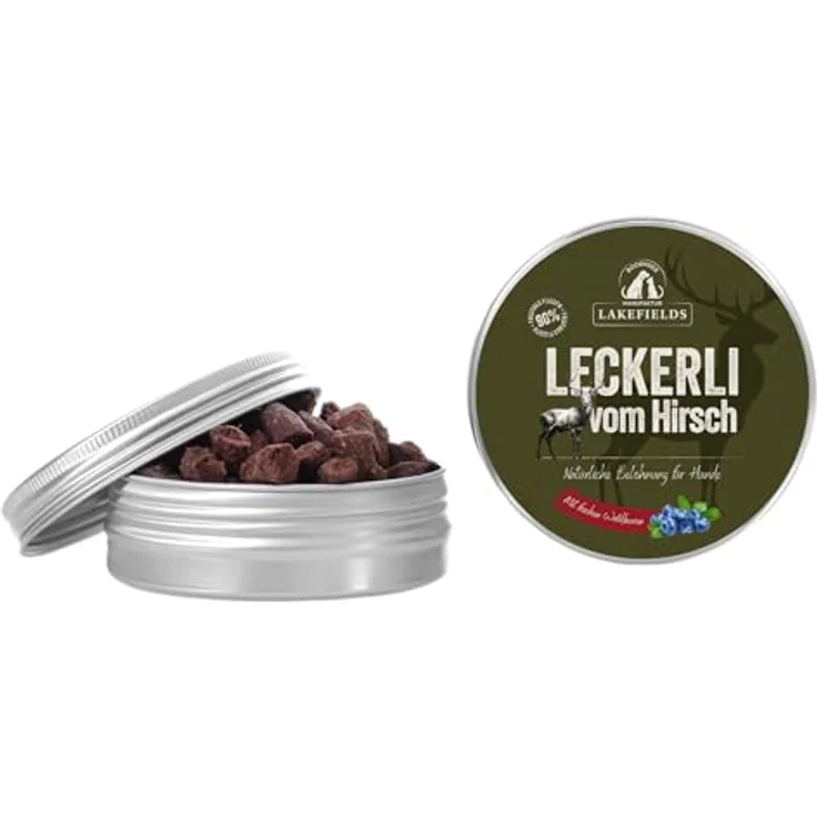 Lakefields Hundeleckerli, Trockenfleischwürfel vom Wild, 90% Hirschfleisch, getreidefrei mit Kartoffeln & Waldbeeren, 50g, ohne Zusätze – Bild 1