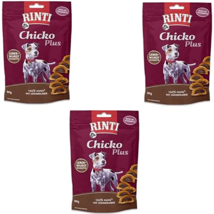 Rinti Chicko Plus Leberwurstschnitte, 3er Pack 3 x 80 g, Hühnerbrustfilet mit Hühnerleber gefüllt, schonend luftgetrocknet ohne Zusatzstoffe – Bild 1