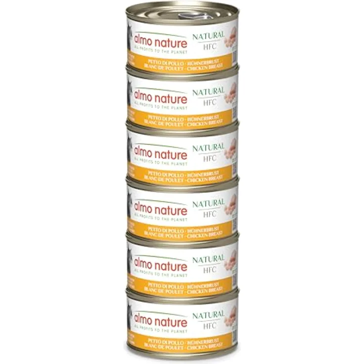 Almo Nature HFC Natural, Nassfutter für ausgewachsene Katzen, Hühnerbrust, Human Grade, glutenfrei, Monoprotein, 6 x 70g